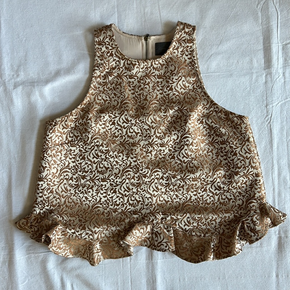Anthropologie | Oversized Champagne Botanical Tank Ruffle Trim Women’s M/L